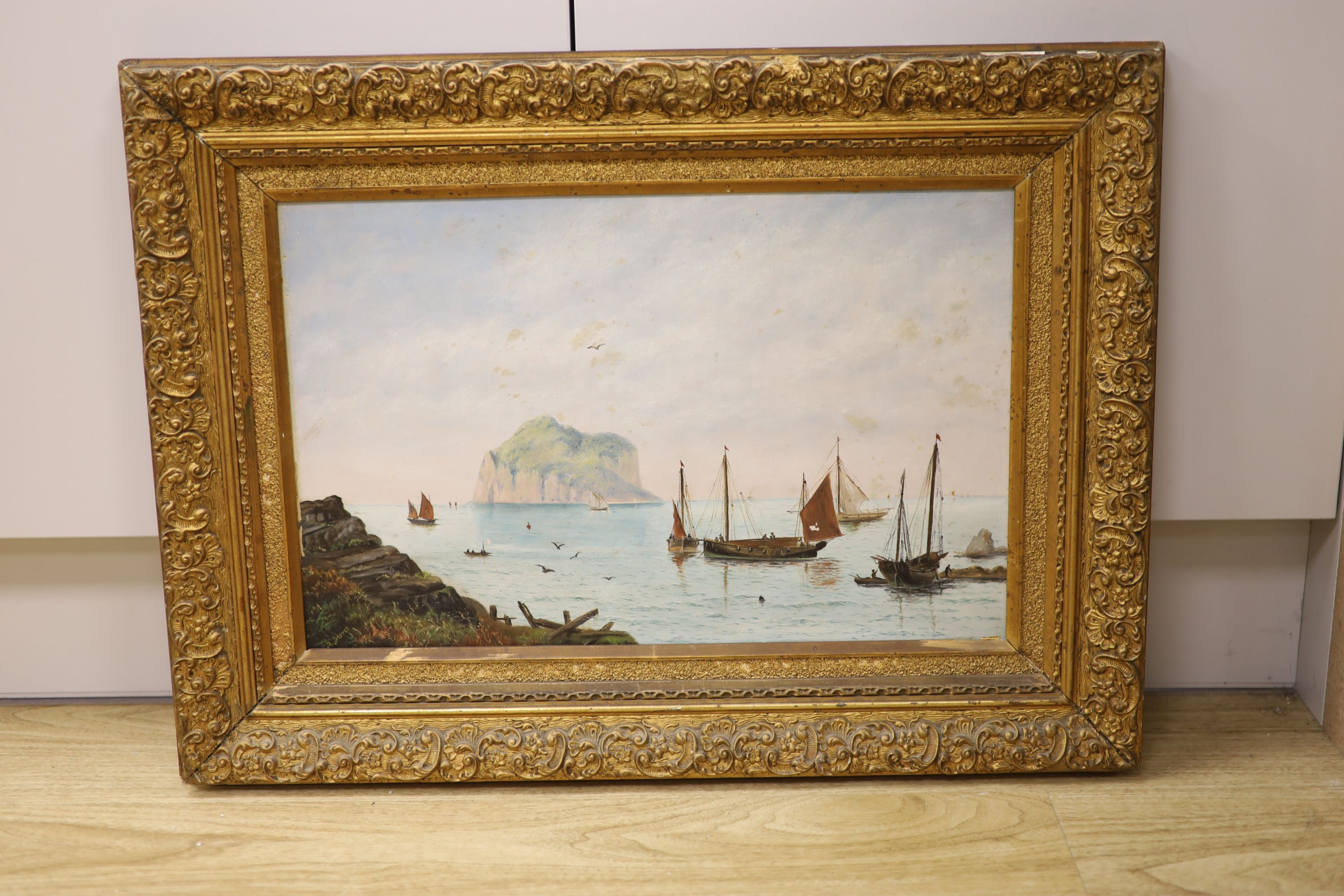A. Stover, oil on board, Fishing boats off the coast, 30 x 46cm